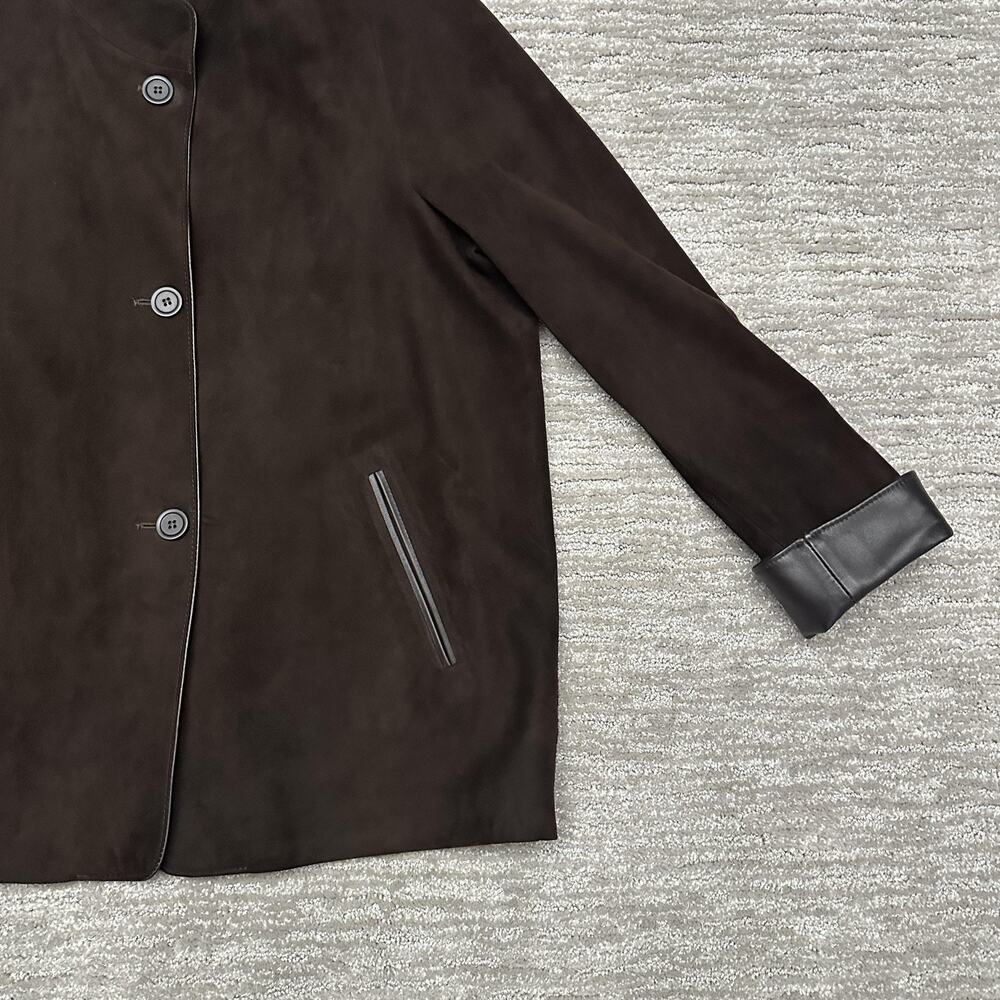 Overland Jacket Womens 8 Brown Suede Leather Trim Button Front Lined Collared - Picture 4 of 14